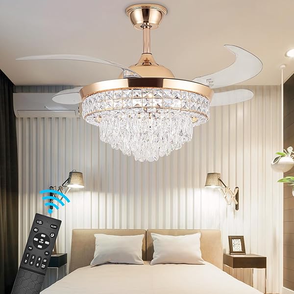 SHINLEYPACK 42" Crystal Ceiling Fan with Light,Luxury Dimmable Chandelier Ceiling Fan with Remote Control LED Light,6 Speeds Retractable Ceiling Fan Indoor for Bedroom Living Room Dining Room