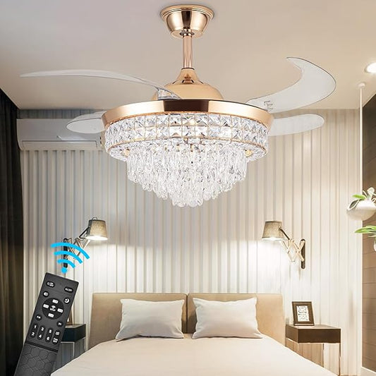SHINLEYPACK 42" Crystal Ceiling Fan with Light,Luxury Dimmable Chandelier Ceiling Fan with Remote Control LED Light,6 Speeds Retractable Ceiling Fan Indoor for Bedroom Living Room Dining Room