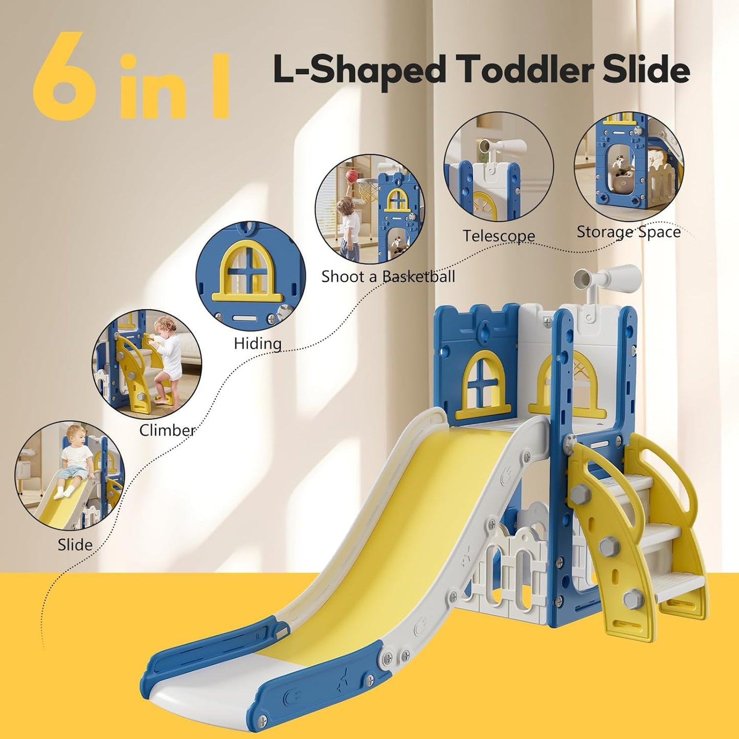 Toddler Slide,Kids Slide Playset for Toddler,Indoor Outdoor Slide Toddler Playset with Storage Space and Non-Slip Steps,Gift for Boys and Girls 1-3 Years (Blue Yellow)