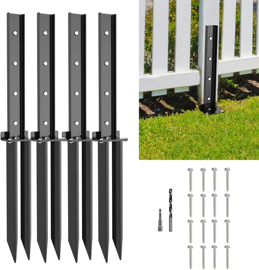 Heavy Duty Fence Post Repair Kit - 4 Pack | Thicker Anchor Ground Spike for Broken/Tilted Fence Post | Black Fence Post Stakes