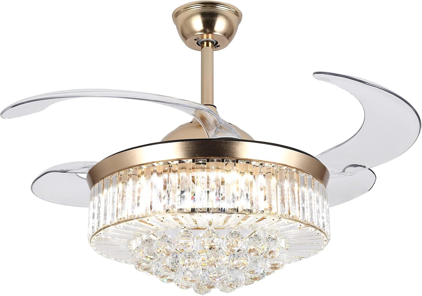 WWahuayuan 42"Invisible Ceiling Fan Chandelier with Light,Modern Crystal Ceiling Fan Light Remote Control 4 Retractable ABS Blades for Bedroom Living Room Dining Room Decoration