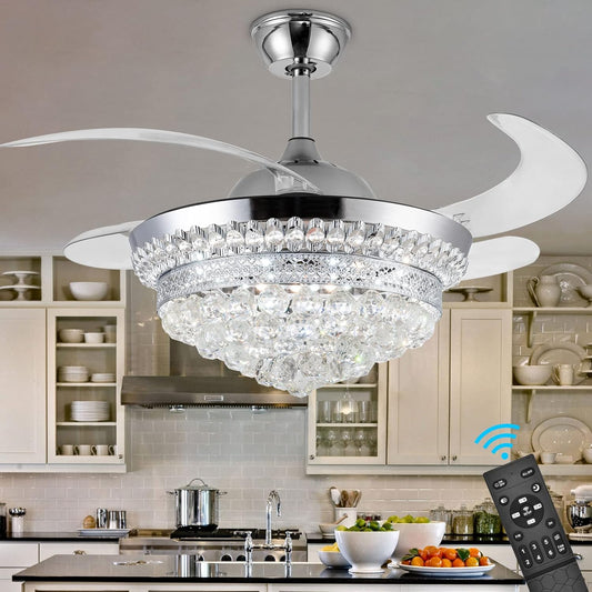 Panghuhu88 42" Invisible Ceiling Fan Chandelier with Light,Modern Crystal Ceiling Fan Light Remote Control 4 Retractable ABS Blades for Bedroom Living Dining Room Decoration (Silver)