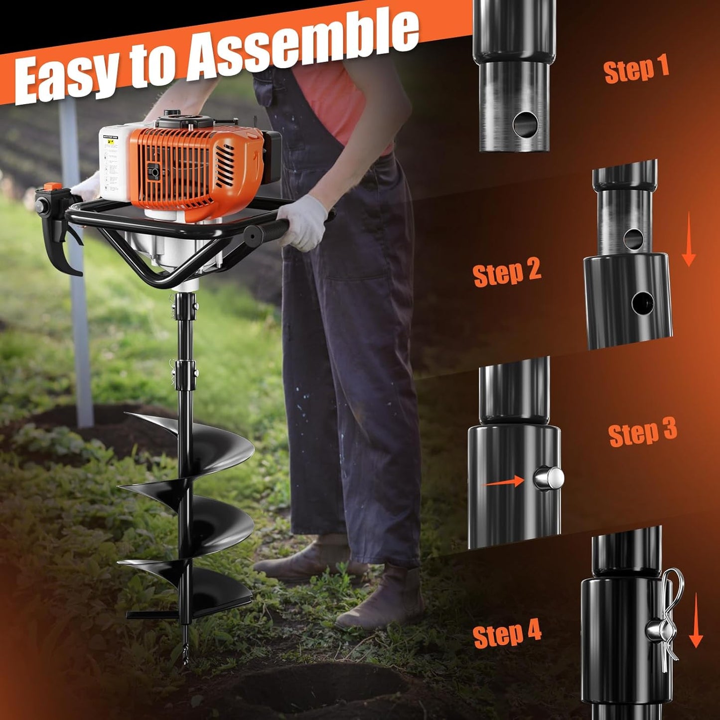 Baotree Post Hole Digger, 72cc Auger Post Hole Digger, Gas Powered Earth Digger with 2 Auger Drill Bits(6" &amp; 8") + 2 Extension Rods31.5" &amp; 15", for Farmland, Garden and Plant