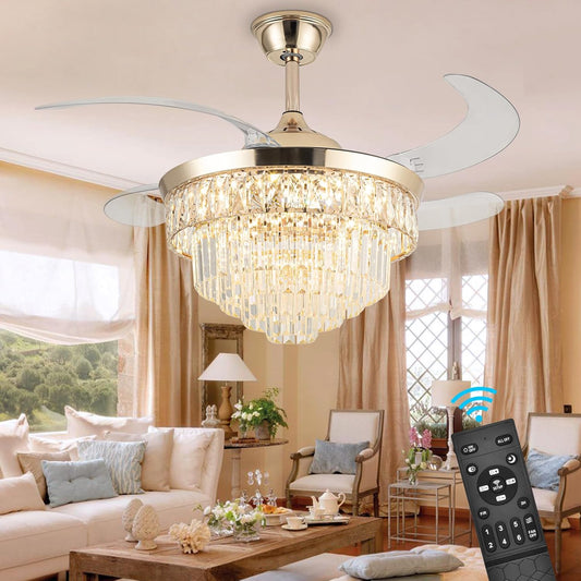 SHINLEYPACK Crystal Ceiling Fan with Light,42 Inch Dimmable Crystal Fandelier, Gold Retractable Ceiling Fan 6 Speeds Indoor Chandelier Fan for Bedroom Living Room Dining Room
