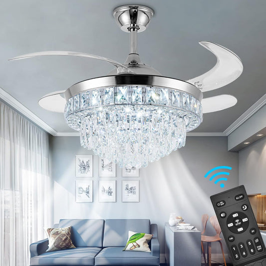 SHINLEYPACK Crystal Ceiling Fan with Light,42Inch Crystal Fandelier, Modern Stepless Dimmable Chandelier Fan with Remote Control 6 Speeds Retractable Ceiling Fan for Bedroom Living Room Dining Room