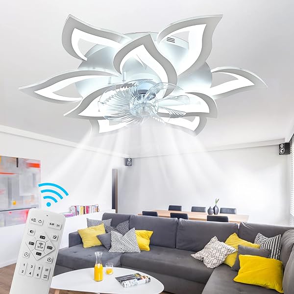 32" Modern Ceiling Fan with Lights Remote Control, Low Profile Ceiling Fan with Lights, Flush Mount Smart Ceiling Fan Light for Bedroom Living Room Kitchen,Dimmable Lights,Reversible Blade,White