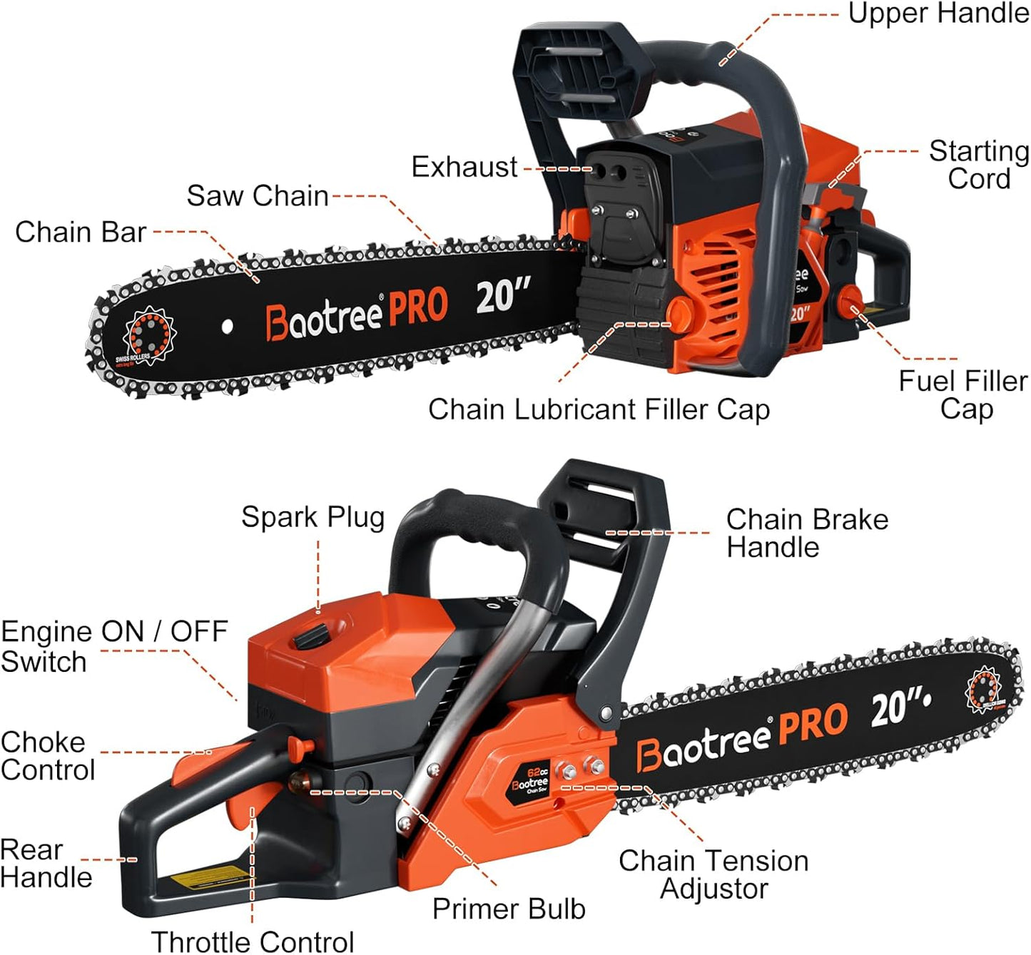 62cc Gas Chainsaw, 20-Inch Professional Chainsaw with 2-Cycle Engine & Anti-Vibration System, Quick Start Technology for Tree Cutting, Firewood, Logging