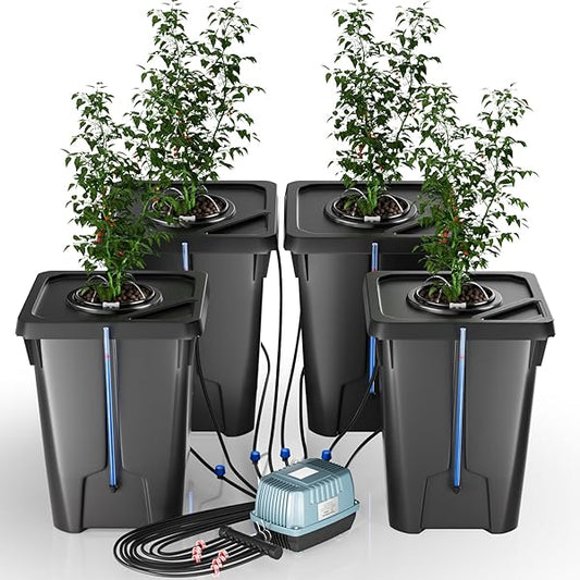 YIFOR 4 Buckets DWC Hydroponics Grow System with Top Drip Kit, 7 Gallon Deep Water Culture with Air Pump, Air Stone, Air Hose, Recirculating Drip Garden System