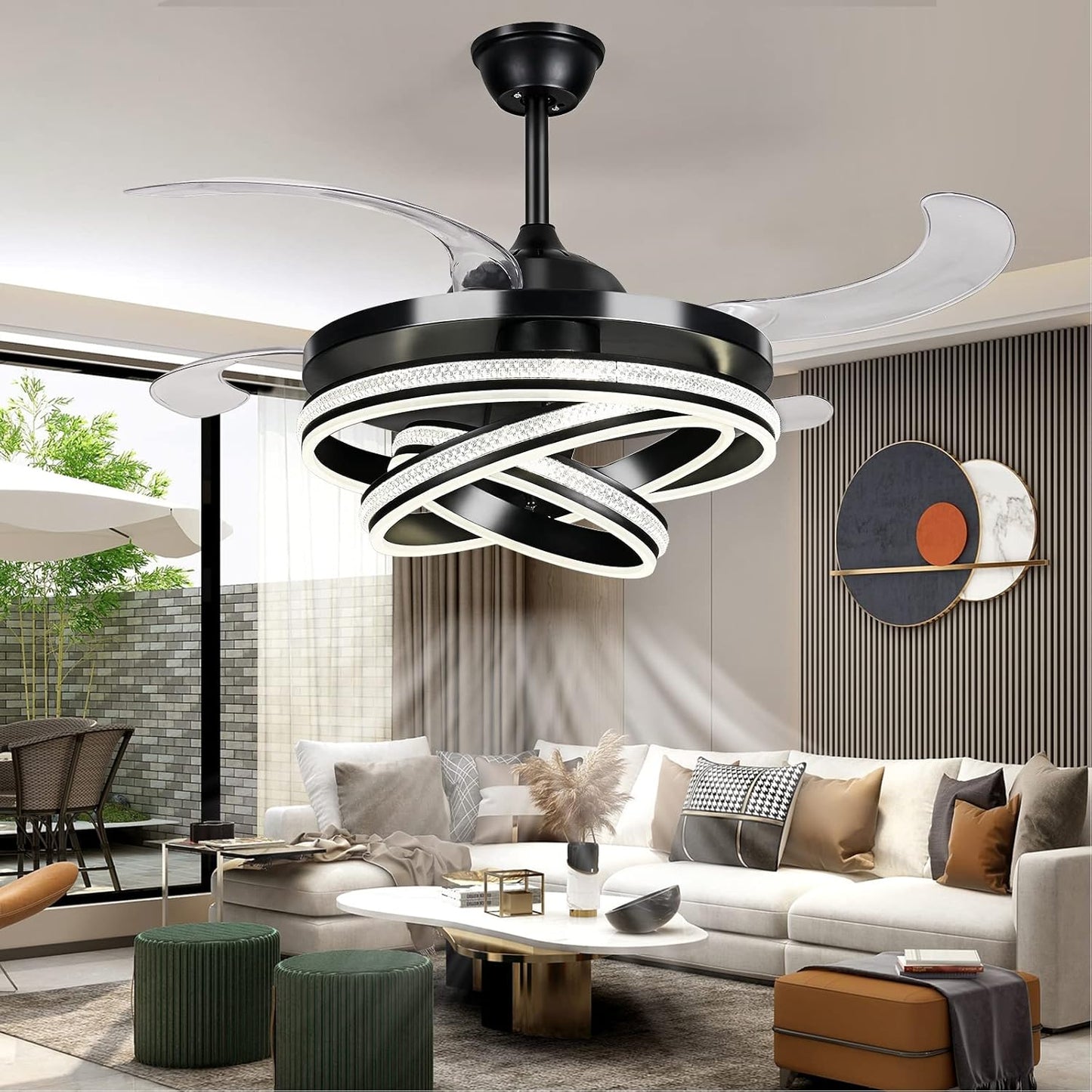 DatingDay 42" Invisible Ceiling Fan Chandelier Light,Modern Crystal DIY Ceiling Fan Light Remote Control 4 Retractable ABS Blades for Bedroom Living Dining Room Decoration (42", Black)