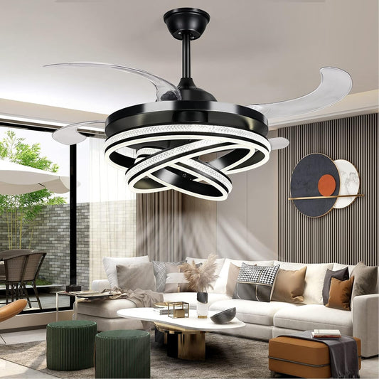 DatingDay 42" Invisible Ceiling Fan Chandelier Light,Modern Crystal DIY Ceiling Fan Light Remote Control 4 Retractable ABS Blades for Bedroom Living Dining Room Decoration (42", Black)