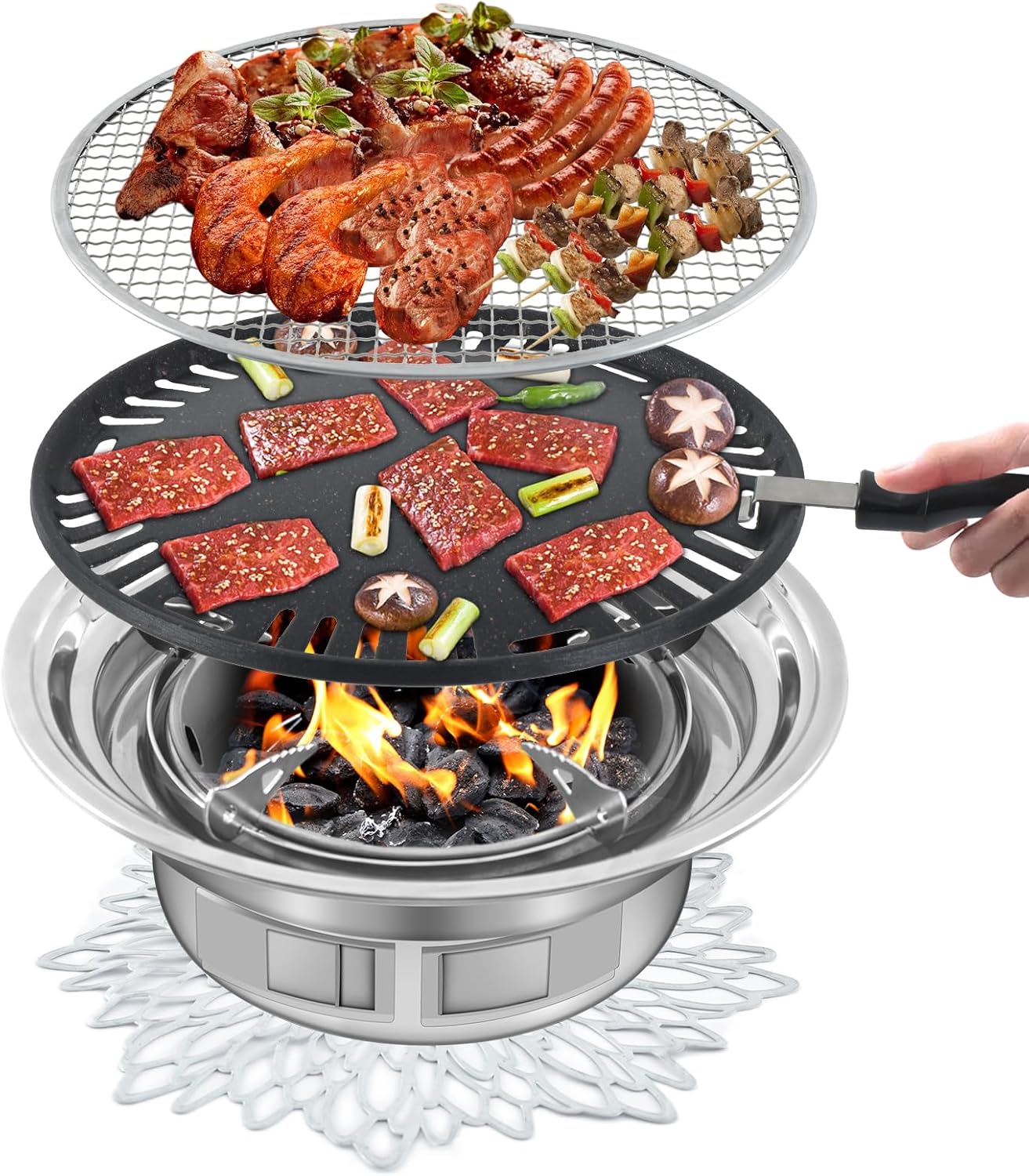 Panghuhu88 Korean BBQ Grill,Portable Household Charcoal Barbecue Grill, Non-stick Round Carbon Barbecue Grill with Insulation Pad Camping Grill Stove for Outdoor and Picnic
