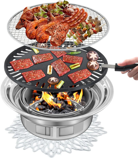 Panghuhu88 Korean BBQ Grill,Portable Household Charcoal Barbecue Grill, Non-stick Round Carbon Barbecue Grill with Insulation Pad Camping Grill Stove for Outdoor and Picnic