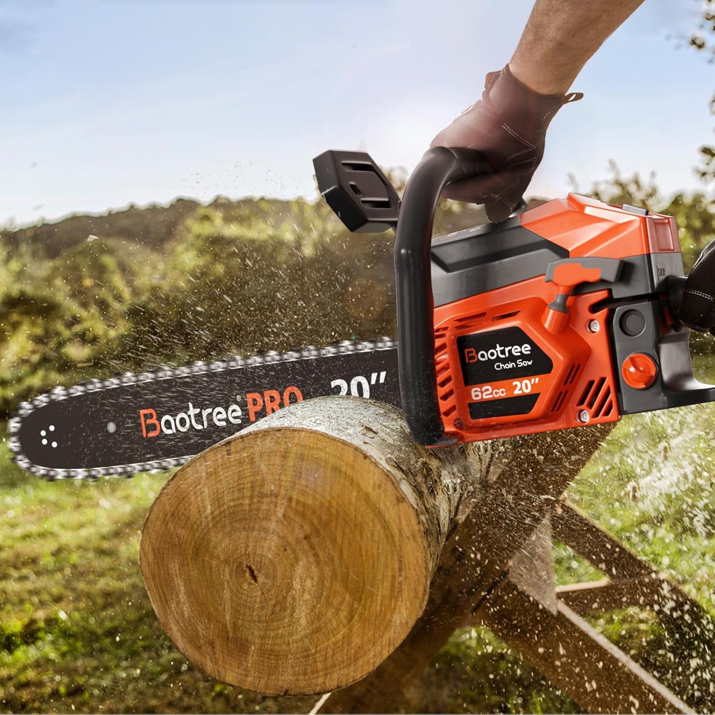 62cc Gas Chainsaw, 20-Inch Professional Chainsaw with 2-Cycle Engine & Anti-Vibration System, Quick Start Technology for Tree Cutting, Firewood, Logging