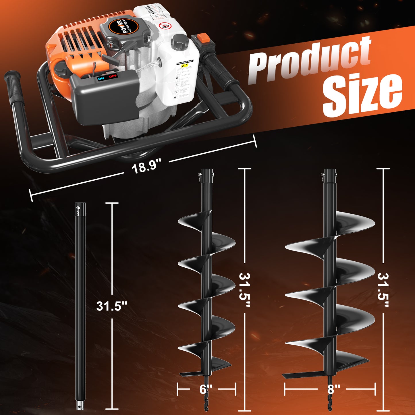 Baotree Post Hole Digger, 72cc Auger Post Hole Digger, Gas Powered Earth Digger with 2 Auger Drill Bits(6" &amp; 8") + 2 Extension Rods31.5" &amp; 15", for Farmland, Garden and Plant