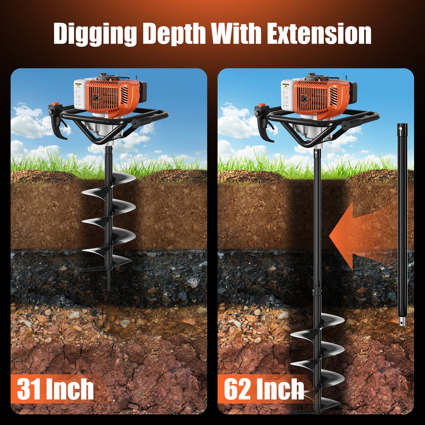 Baotree Post Hole Digger, 72cc Auger Post Hole Digger, Gas Powered Earth Digger with 2 Auger Drill Bits(6" &amp; 8") + 2 Extension Rods31.5" &amp; 15", for Farmland, Garden and Plant