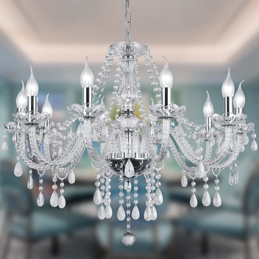 Silver Color Luxurious Candle Crystal Chandelier, 10 Lights K9 Modern Crystal Chandelier for Dining Room, Glass Ceiling Pendant Lamp for Living Bedroom Lighting Hall Balcony (10 Lights, Silver)