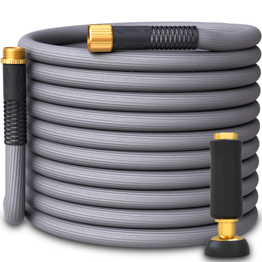 Beeooo Garden Hose | Flexible, Lightweight, Kink-Free & Durable Hybrid Water Hose with Heavy Duty Brass Connectors & High-Pressure Jet Nozzle (50FT x 5/8”)