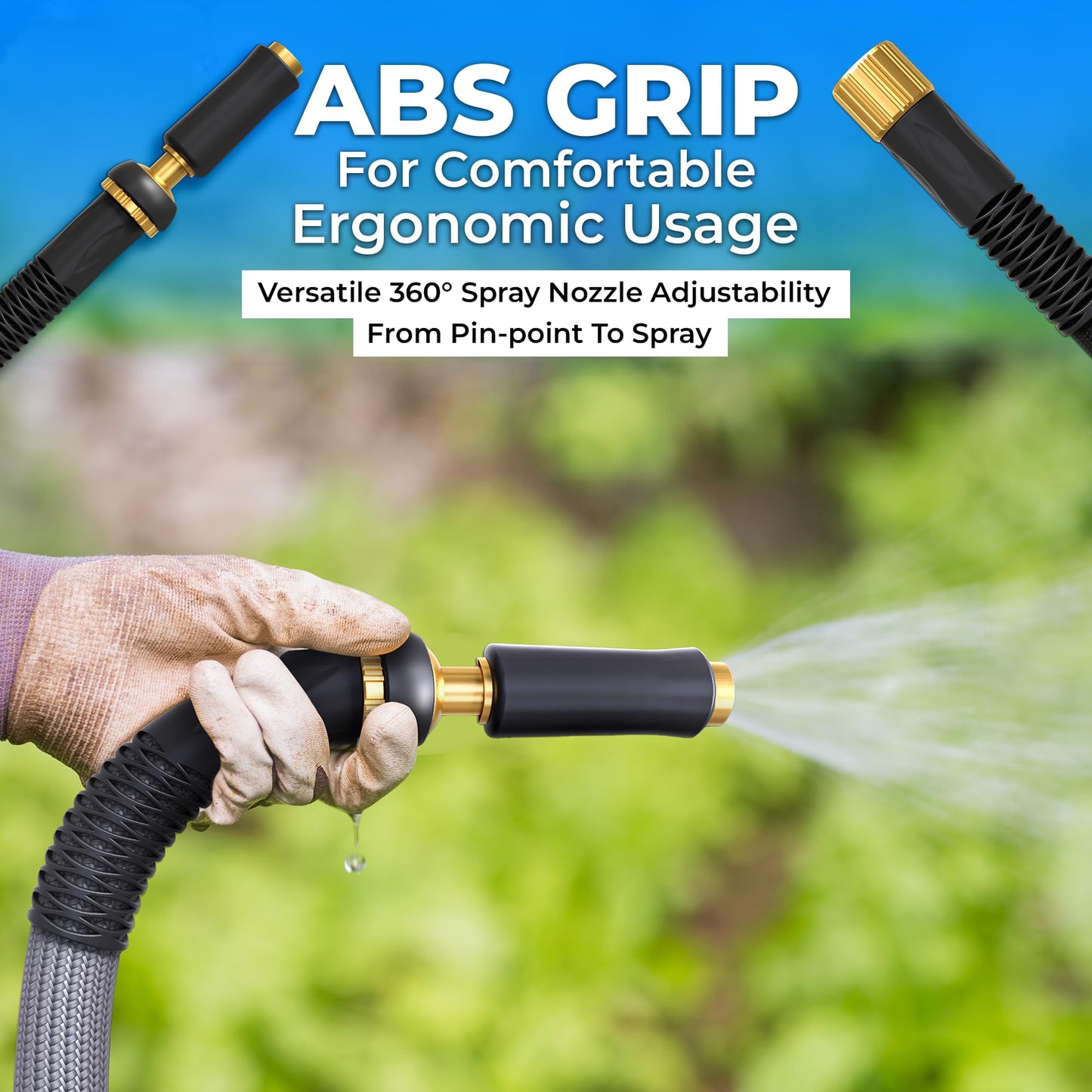 Beeooo Garden Hose | Flexible, Lightweight, Kink-Free & Durable Hybrid Water Hose with Heavy Duty Brass Connectors & High-Pressure Jet Nozzle (50FT x 5/8”)